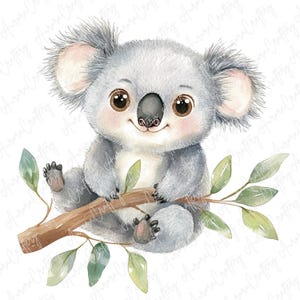 5 koalas de acuarela en la rama de un árbol, adorables koalas bebés con hojas, adorables imágenes de vida silvestre, imágenes para guardería infantil, JPG de alta calidad.