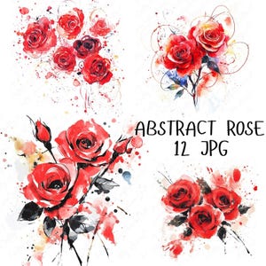 12 Watercolor Abstract Rose Clipart, Red Rose Bouquet, Floral Clipart, Love Clipart for Valentine&#39;s Crafts, High-Quality JPG Download