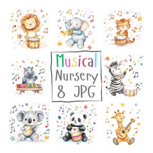 8 Clipart di animali musicali ad acquerello per la cameretta dei bambini. Clipart musicale per la cameretta dei bambini. Clipart di cuccioli, leone, tigre, elefante, JPG di alta qualità.
