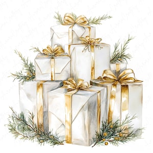 May include: A stack of white gift boxes with gold ribbon and bows, surrounded by green pine branches with small yellow berries.