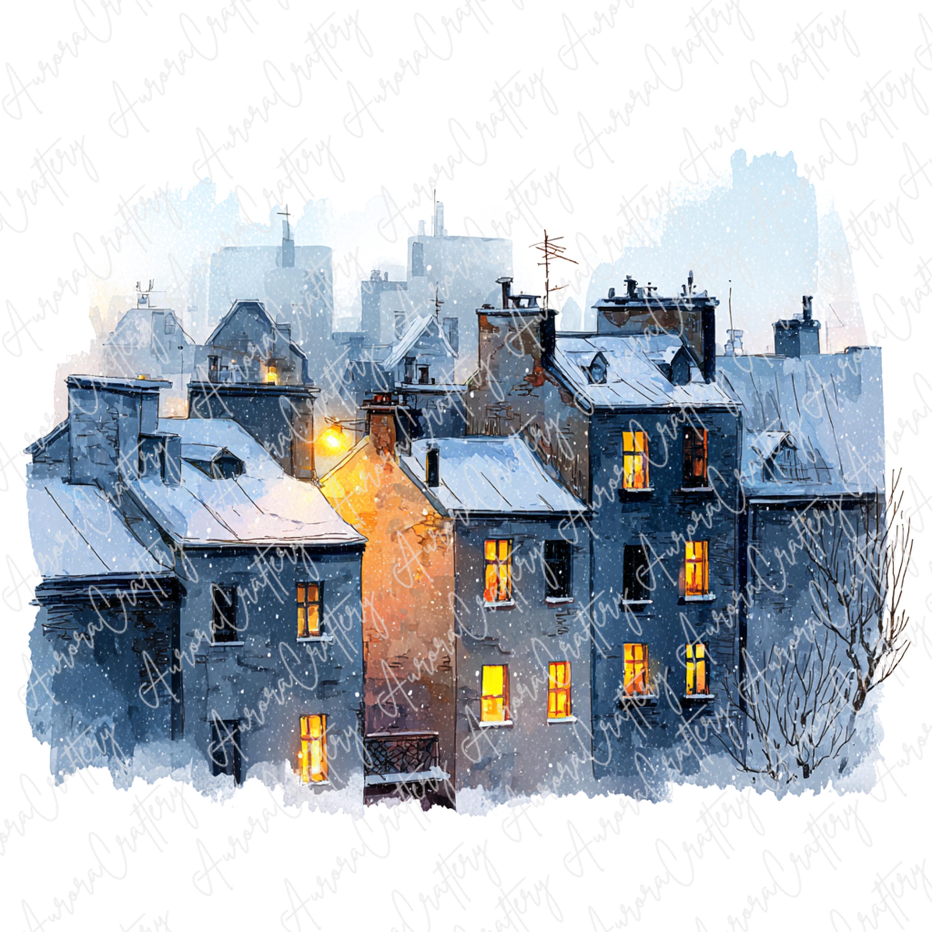 14枚の水彩画風冬の街並みのクリップアート、暖かいライトが灯る雪景色