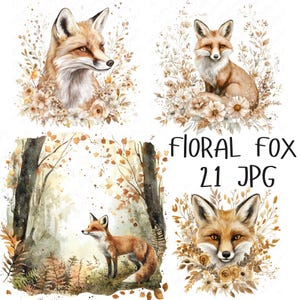 11 Clipart floral renard aquarelle, renard des bois avec des fleurs, clipart renard mignon, créations artistiques en papier des cliparts imprimables, téléchargement JPG de haute qualité