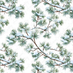 May include: A repeating pattern of pine branches covered in snow. The branches are brown with green needles and white snow. The background is white. The image has a winter or holiday theme.