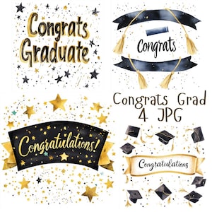 4 bannières clipart aquarelle félicitations pour les diplômés, signes de remise des diplômes dorés et noirs avec étoiles et chapeaux, clipart célébration, JPG de haute qualité