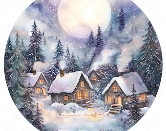 May include: A watercolor painting of a snowy winter scene with a full moon in the sky.  There are several small houses with smoke coming from their chimneys, surrounded by snow-covered trees.
