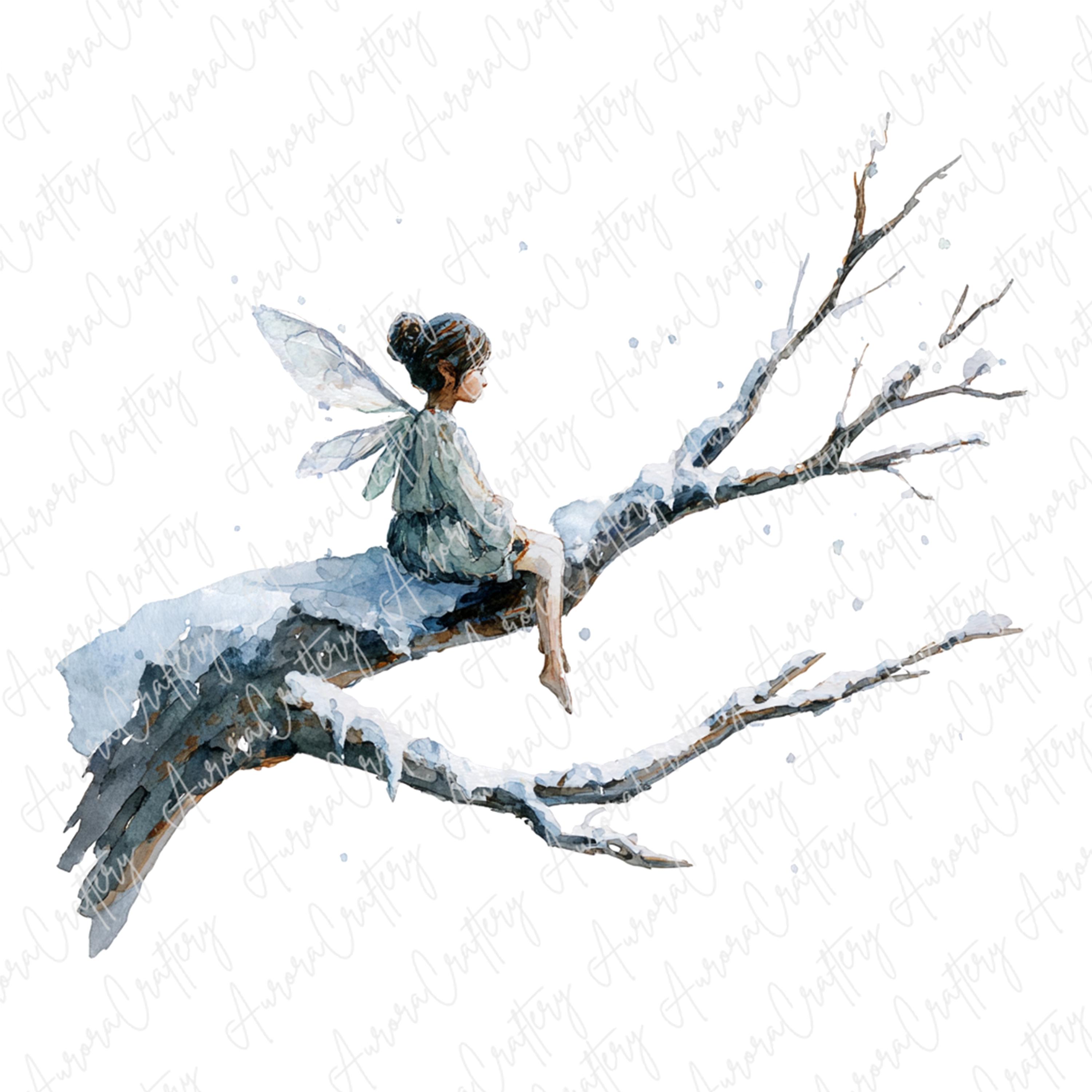 8つの水彩画冬の妖精のクリップアート、木の枝に座る青い雪の妖精の
