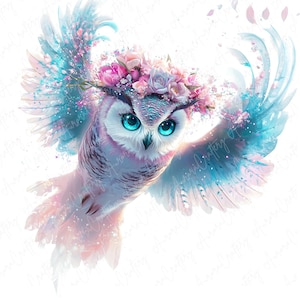 A collection of 16 whimsical watercolor owls adorned with beautiful floral crowns, ideal for use in invitations, nursery decor, and stickers. Each owl is intricately designed with delicate flowers and bright colors.