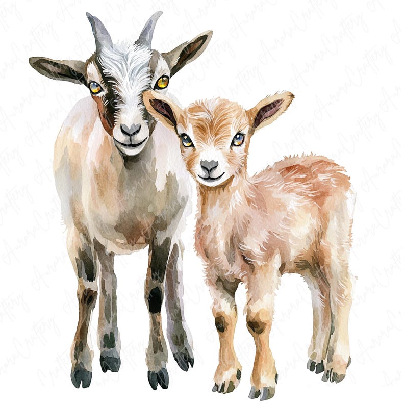 A collection of 11 watercolor cute goat clipart illustrations featuring baby goats in playful and adorable poses, ideal for farm-themed crafts and nursery decor.