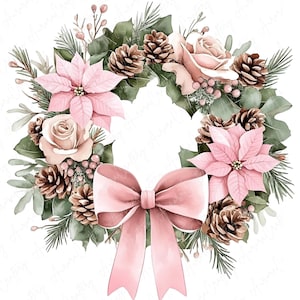 8 Clipart Couronne d'hiver aquarelle, Clipart Couronne de fête, Couronne de fleurs, Clipart Couronne rose pour travaux manuels festifs, JPG de haute qualité
