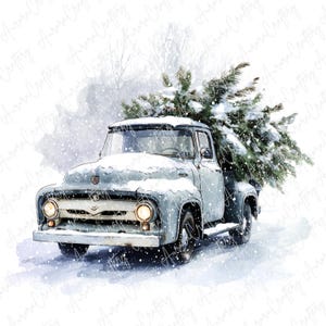 May include: A watercolour illustration depicts a vintage blue pickup truck laden with a snow-covered Christmas tree. The truck navigates a snowy scene, with falling snowflakes creating a soft, wintery atmosphere.