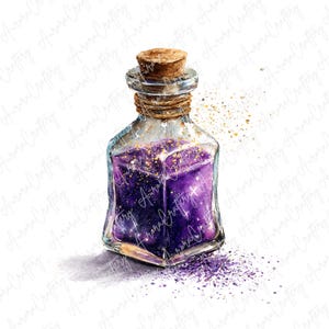 May include: A watercolor illustration of a square glass bottle with a cork stopper. The bottle is filled with a deep purple liquid and gold glitter. The bottle is labeled "Aurora Craftery".