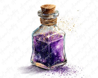 May include: A watercolor illustration of a square glass bottle with a cork stopper. The bottle is filled with a deep purple liquid and gold glitter. The bottle is labeled "Aurora Craftery".