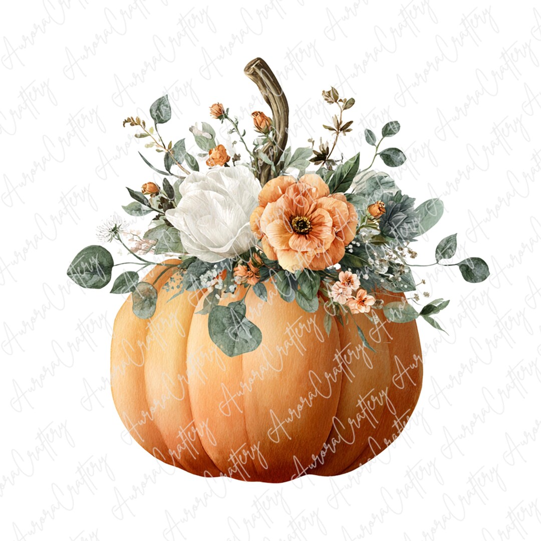 10 Watercolor Pumpkin Clipart, Pumpkins With Flowers and Greenery ...