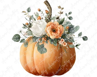 10 imágenes prediseñadas de calabazas en acuarela, calabazas con flores y vegetación, ilustraciones de la cosecha de otoño para manualidades, JPG de alta calidad