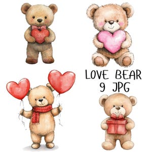 9 Aquarell Liebe Teddybär Clipart, romantische Bären mit Herzen, Teddybär Ballon, süße Valentinstag Clipart Papier Handwerk, hochwertige JPG