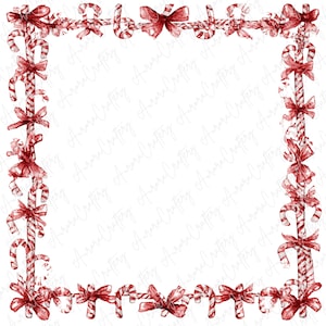 May include: A festive Christmas-themed border design. The frame is composed of red and white striped candy canes and red bows. The candy canes are arranged along the edges, creating a decorative border. The design is set against a white background.