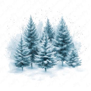 8 Clipart di alberi invernali, pino innevato, paesaggio di neve sugli alberi, clipart invernale blu per artigianato stagionale, download digitale JPG di alta qualità