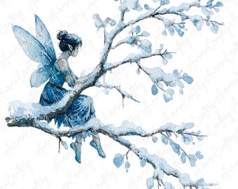 8つの水彩画冬の妖精のクリップアート、木の枝に座る青い雪の妖精の
