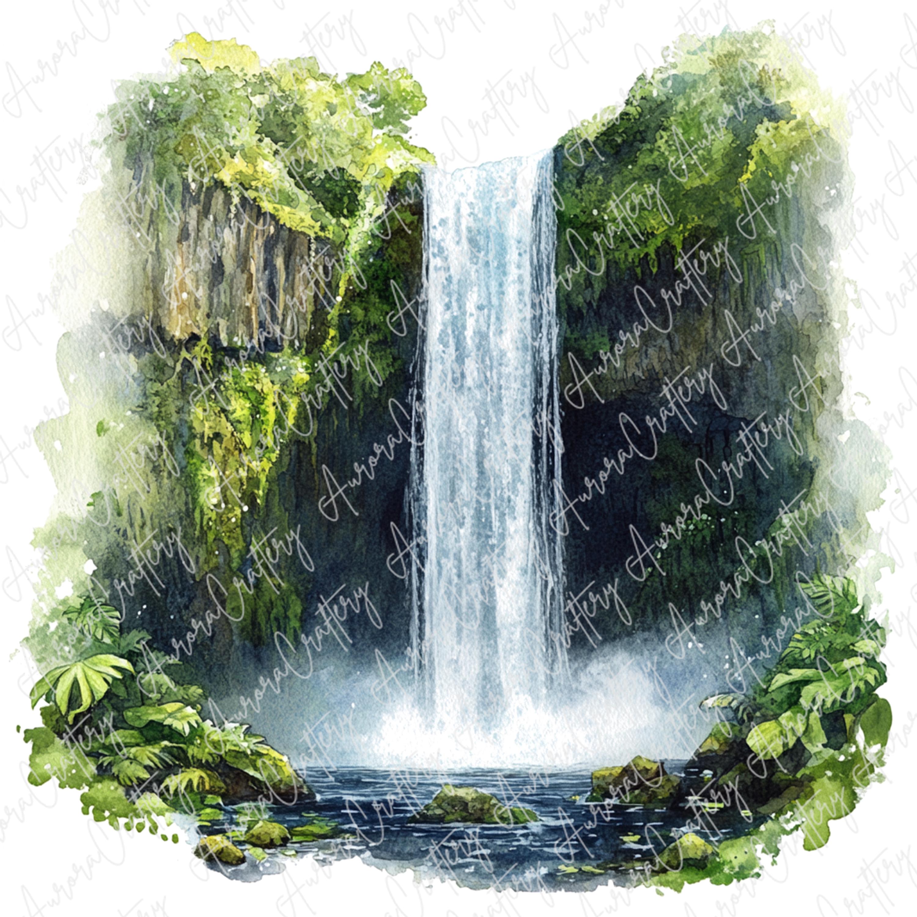 7つの水彩画の滝のクリップアート、自然の水の風景、森と庭の滝、旅行
