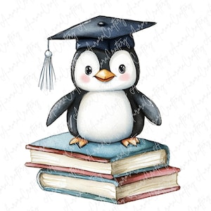 7 Graduation Penguin Clipart, Watercolor Penguins in Caps With Stacked ...