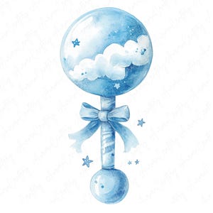 Ensemble de 8 cliparts hochet bébé bleu – hochets aquarelle bébé garçon avec étoiles, coeurs, nuages, JPG haute qualité, téléchargement immédiat, clipart bébé