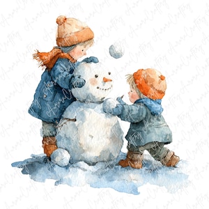 8 Watercolor Building Snowman Clipart , Kids in Winter Clothes JPG , Seasonal Festive Play Art Digital Download for Prints & Decor