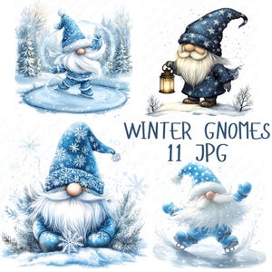 11 clipart de gnomos de inverno, gnomo azul de neve, clipart festivo sazonal, clipart de país das maravilhas de inverno, gnomo de inverno fofo, download em JPG de alta qualidade