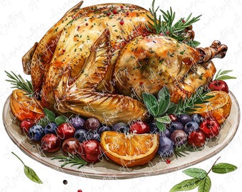 May include: A watercolor illustration of a roasted turkey on a white plate, garnished with orange slices, blueberries, cranberries, and sprigs of rosemary. The turkey is golden brown and appears freshly cooked, perfect for a holiday meal.
