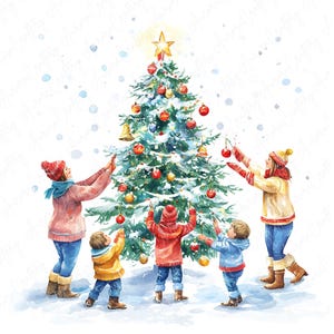 7 Winter Baum Dekorieren Clipart, Kinder Urlaub Baum Clipart, Festliche Schnee Clipart, Festliche Familie Winter Clipart Handwerk, hochwertige JPG
