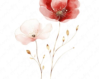 May include: Watercolor painting of two pink and red flowers with gold stems and leaves on a white background.