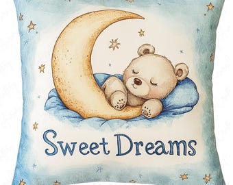 5 baby blauw kussen Sweet Dreams Baby Shower Clipart, teddybeer maan ontwerpen, hoge kwaliteit JPG, Instant Download, kinderkamer inrichting clipart