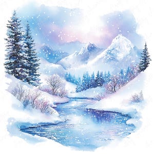 8 Clipart di montagne invernali ad acquerello, cime innevate, fiumi ghiacciati, Clipart di paesaggi panoramici per lavoretti invernali festivi, download di JPG di alta qualità