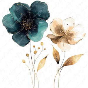 May include: Watercolor painting of two flowers with gold accents. One flower is teal blue and the other is beige. The flowers are on gold stems with gold leaves.
