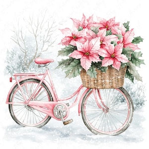 6 Clipart di biciclette festive ad acquerello, biciclette rosa con fiori, clipart invernali, clipart di stelle di Natale invernali per l'artigianato, JPG di alta qualità