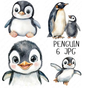 6 imágenes prediseñadas de pingüinos adorables en acuarela, adorables pingüinos bebés, imágenes prediseñadas de animales árticos caprichosos para manualidades infantiles, descarga digital JPG de alta calidad