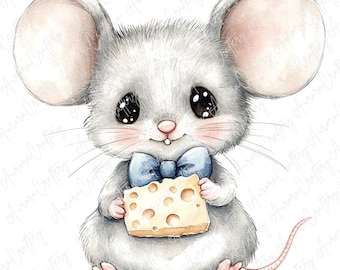 水彩画風のかわいいネズミのクリップアート JPG 5 枚、チーズとティー