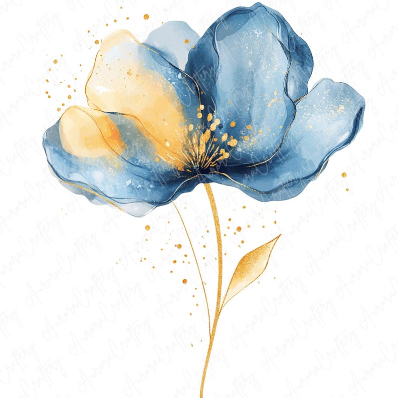 16 Abstract Blue and Yellow Watercolor Floral Clipart Bundle, Blue ...