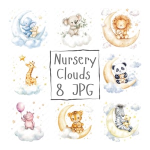 8 Animais de berçário em aquarela em nuvens Clipart Animais fofos de bebê, leão bebê, girafa, coala, panda, lua Clipart | Download JPG de alta qualidade