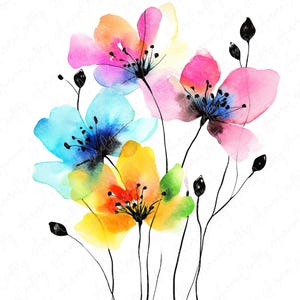 Pacote de clipart floral em aquarela com 8 luzes neon, flores rosa-amarelas brilhantes, JPG de alta qualidade, download instantâneo, clipart para impressão para artesanato