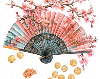 大きい扇子Golden Village 扇子 手描き壁装飾 アート ビンテージ 8 水彩画の旧正月扇子クリップアート、桜と金色のアクセントが付いた