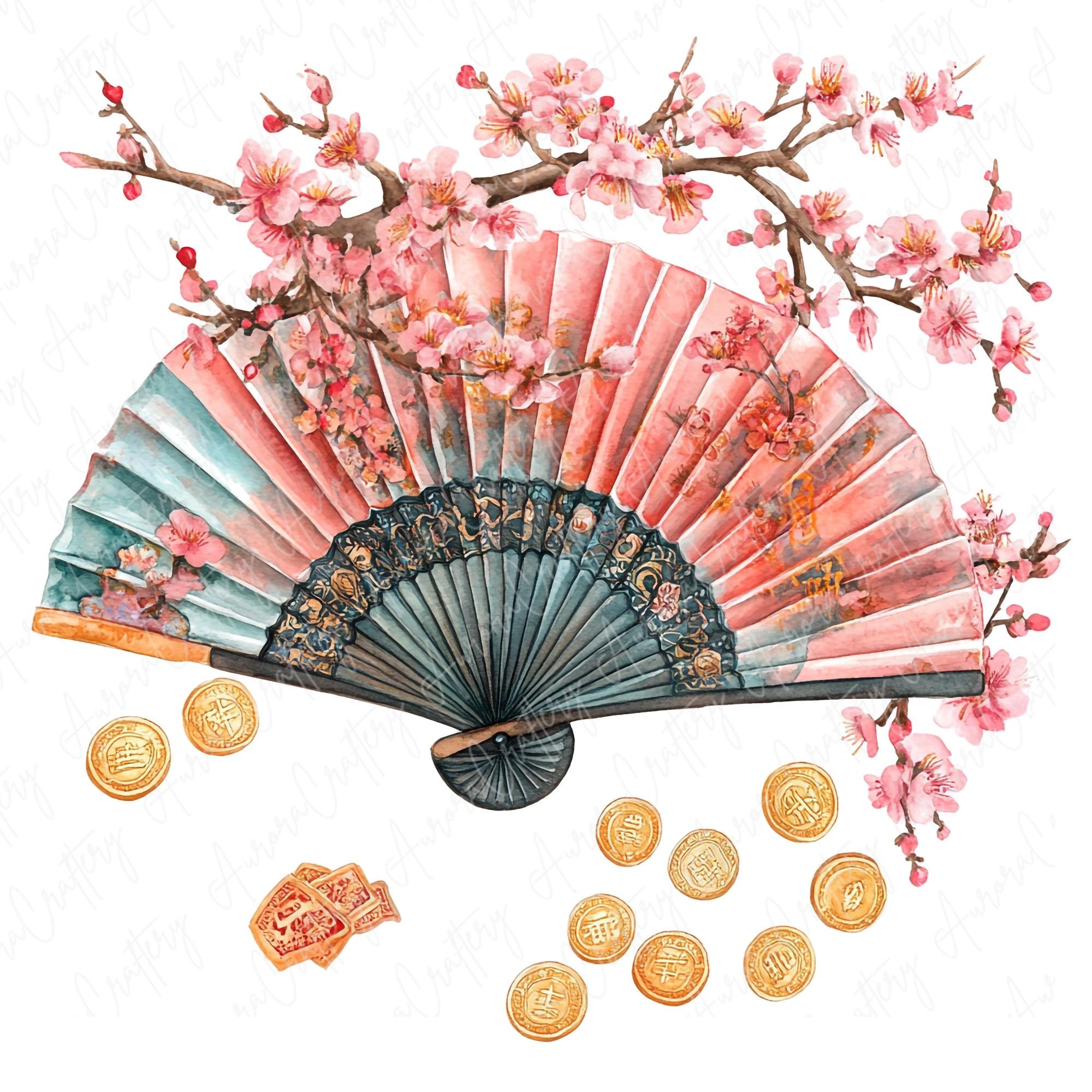 8 水彩画の旧正月扇子クリップアート、桜と金色のアクセントが付いた