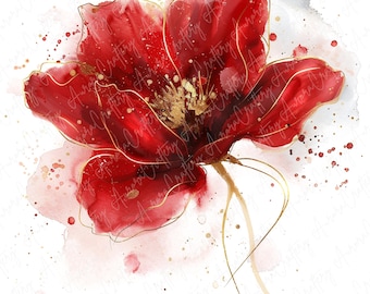 May include: A watercolor painting of a red poppy flower with gold accents. The flower is painted in a loose, abstract style, with delicate lines and splashes of color.