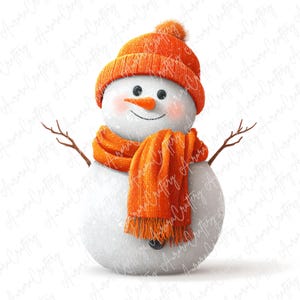 Könnte beinhalten: Eine skurrile Schneemann-Illustration. Der Schneemann ist weiß mit einer Karottennase, schwarzen Knopfaugen und rosigen Wangen. Er trägt eine orangefarbene Strickmütze, einen Schal und hat Zweigarme. Ein fröhliches Winterferien-Thema.