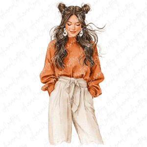 8 akvarell höstflicka clipart, mysig modekvinna i orange tröja och beige byxor, illustration för dagböcker och hantverk, högkvalitativ JPG