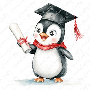 7 Abschluss-Pinguine mit roten Schals, Diplom Clipart, Abschluss Clipart, entzückende Aquarell Abschluss Tiere, hochwertige JPG