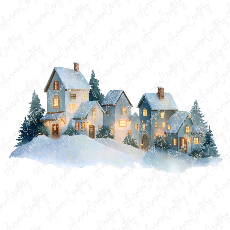 7 Watercolor Snowy Village Clipart, Cozy Winter Cottages With Lights ...