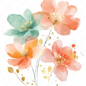 Paquete de 11 imágenes prediseñadas de flores de acuarela con melón, flores de color verde melocotón y menta, JPG de alta calidad, descarga instantánea, manualidades con imágenes prediseñadas imprimibles