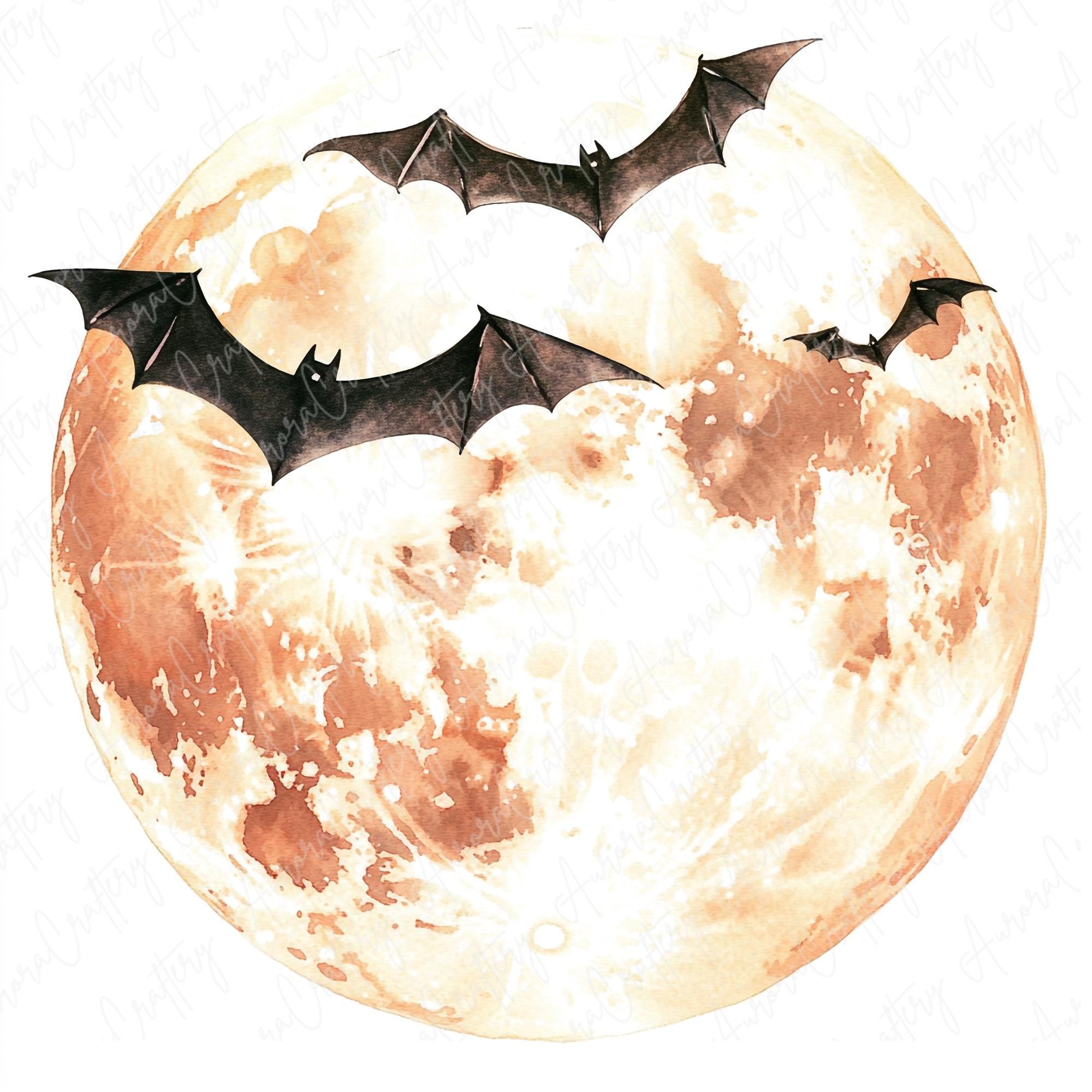 8 Spooky Full Moon With Bats Clipart, Watercolor Spooky Moon Clipart ...