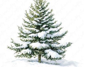 7 Watercolor Green Winter Tree Clipart, Snow Pine Trees, Winter Forest Clipart, Winter Clipart Paper Crafts, High Quality JPG Download