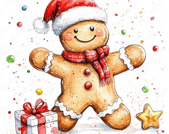 Puede incluir: Un hombre de jengibre con un gorro de Papá Noel rojo y blanco y una bufanda roja, con un borde de glaseado blanco, está de pie con los brazos extendidos. Está rodeado de confeti de colores y una pequeña caja de regalo blanca con un lazo rojo. Hay una estrella dorada a la derecha del hombre de jengibre.